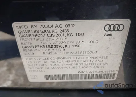 2013 Audi Q5 2.0T Premium из США, поврежденный, VIN WA1LFAFP5DA019398